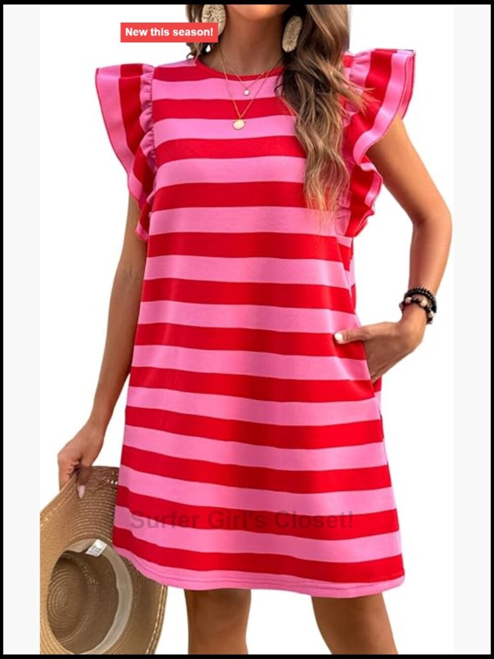 Women's Striped Cap Sleeve Mini Dress Casual Summer Shift Dress with Pockets